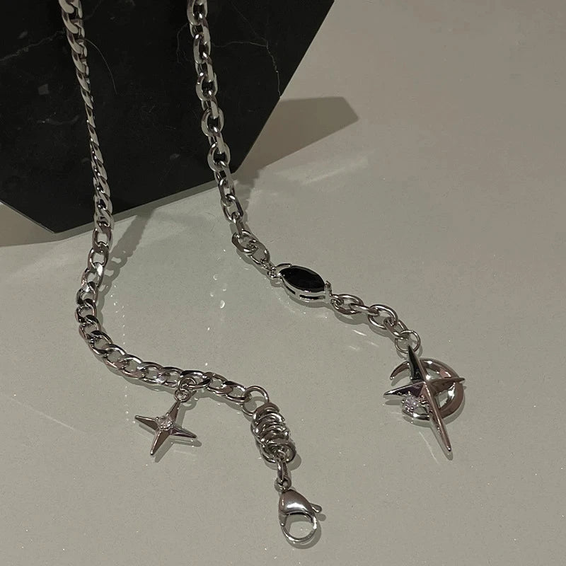 Y2K Cuban Figaro Chain w/ Star and Moon Pendant