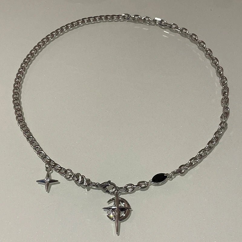 Y2K Cuban Figaro Chain w/ Star and Moon Pendant
