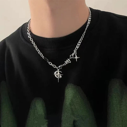 Y2K Cuban Figaro Chain w/ Star and Moon Pendant