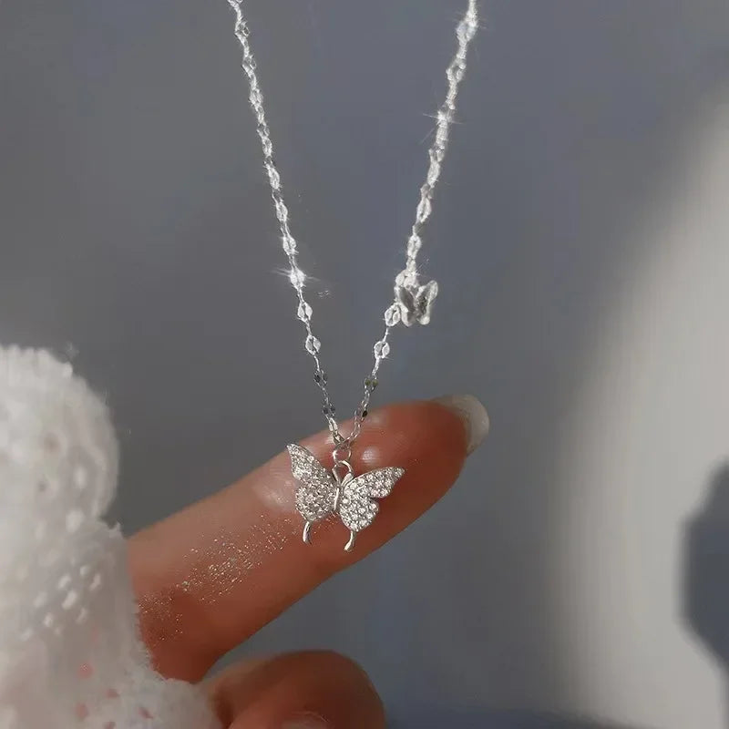 Women Crystal Zircon Butterfly Pendant Necklace