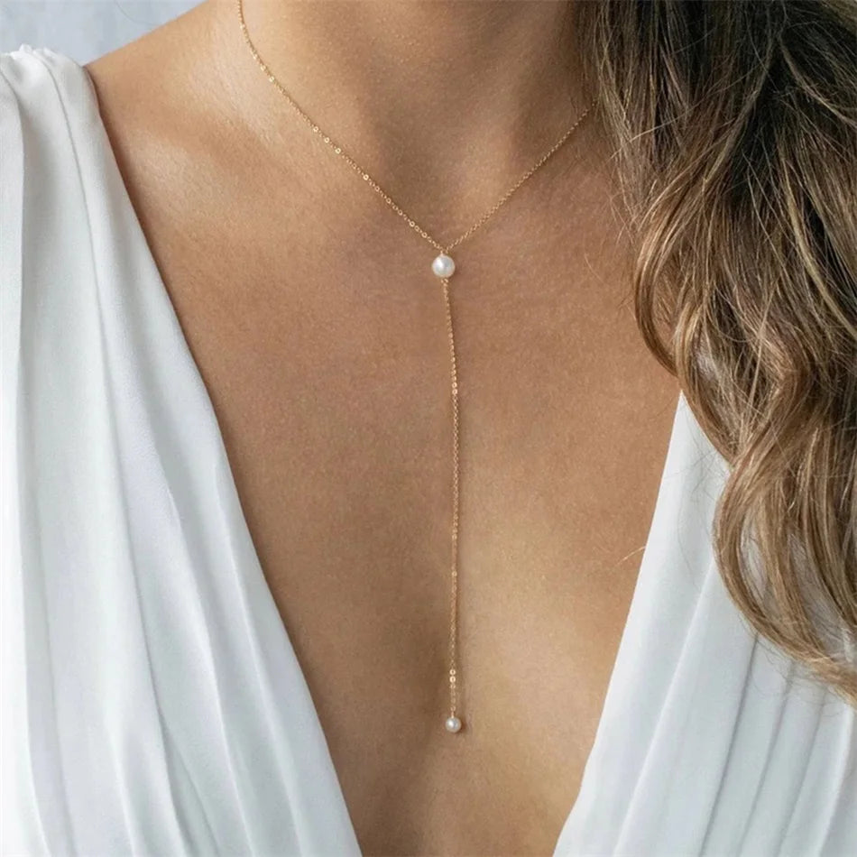 Gold Chain Necklace with Pearl Beads